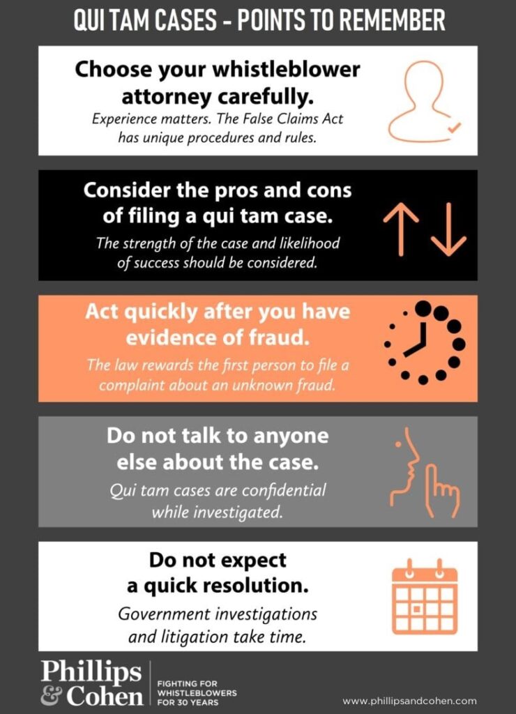 Infographic listing important tips for whistleblowers to know when filing a qui tam case under the False Claims Act.